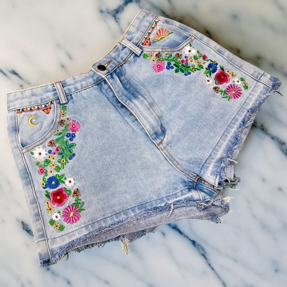 EUC Spell & The Gypsy Light Blue Wanderlust Embroidered Denim Shorts w/ Raw Hem - Picture 3 of 12